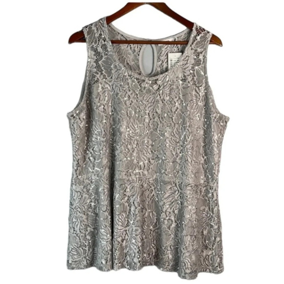 RICKI’S NWT Sequin Embellished Lace Sleeveless Top Grey Floral Peplum Size XXL - Picture 1 of 11